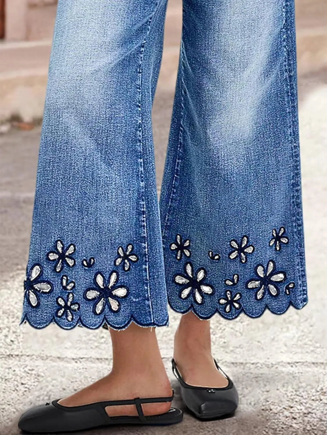 Flamingals Women's Wide Leg Crop Jeans Mid Rise Floral Embroidery Strechy Casual Trendy Denim Pants