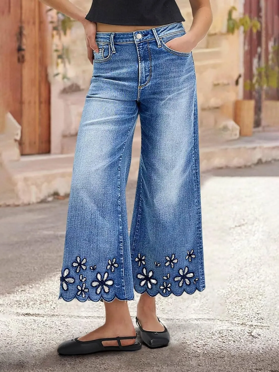 Flamingals Women's Wide Leg Crop Jeans Mid Rise Floral Embroidery Strechy Casual Trendy Denim Pants