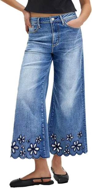 Flamingals Women's Wide Leg Crop Jeans Mid Rise Floral Embroidery Strechy Casual Trendy Denim Pants