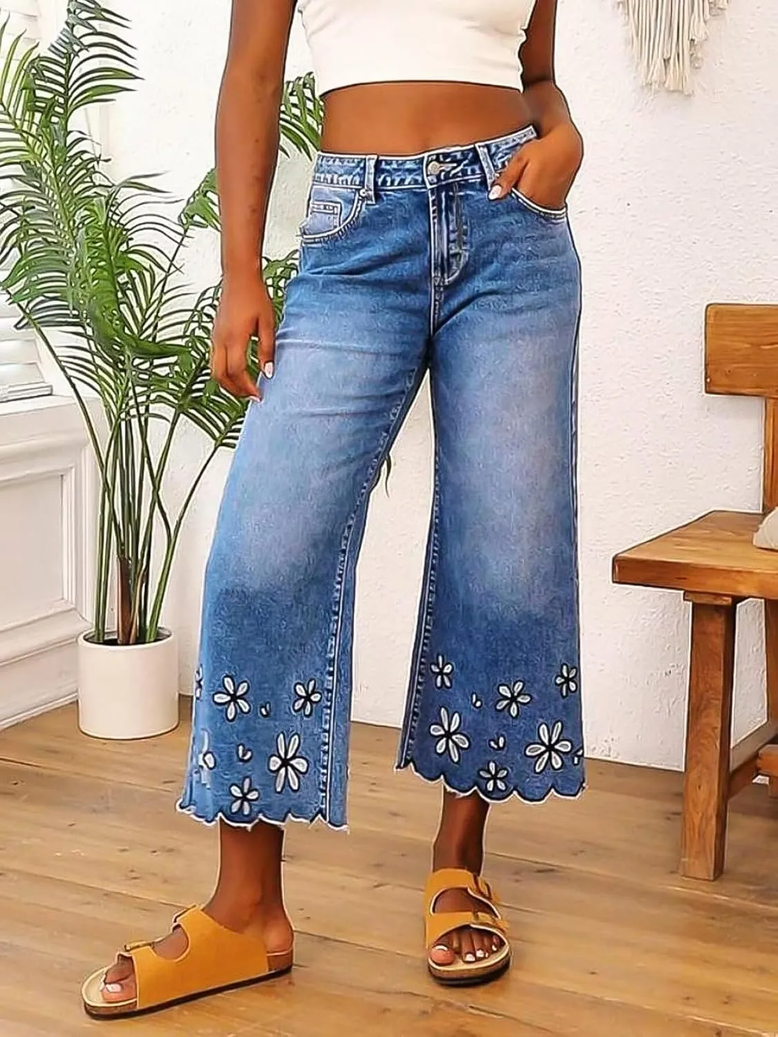 Flamingals Women's Wide Leg Crop Jeans Mid Rise Floral Embroidery Strechy Casual Trendy Denim Pants
