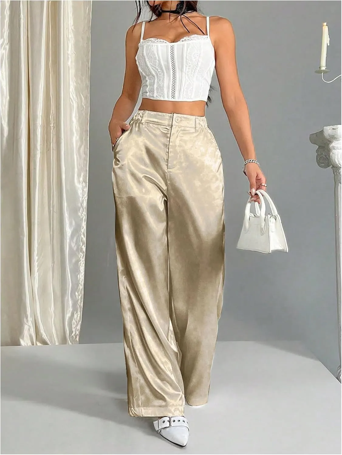 Floerns Women's Satin Elastic High Waist Trouser Straight Leg Baggy Pants with Pockets
