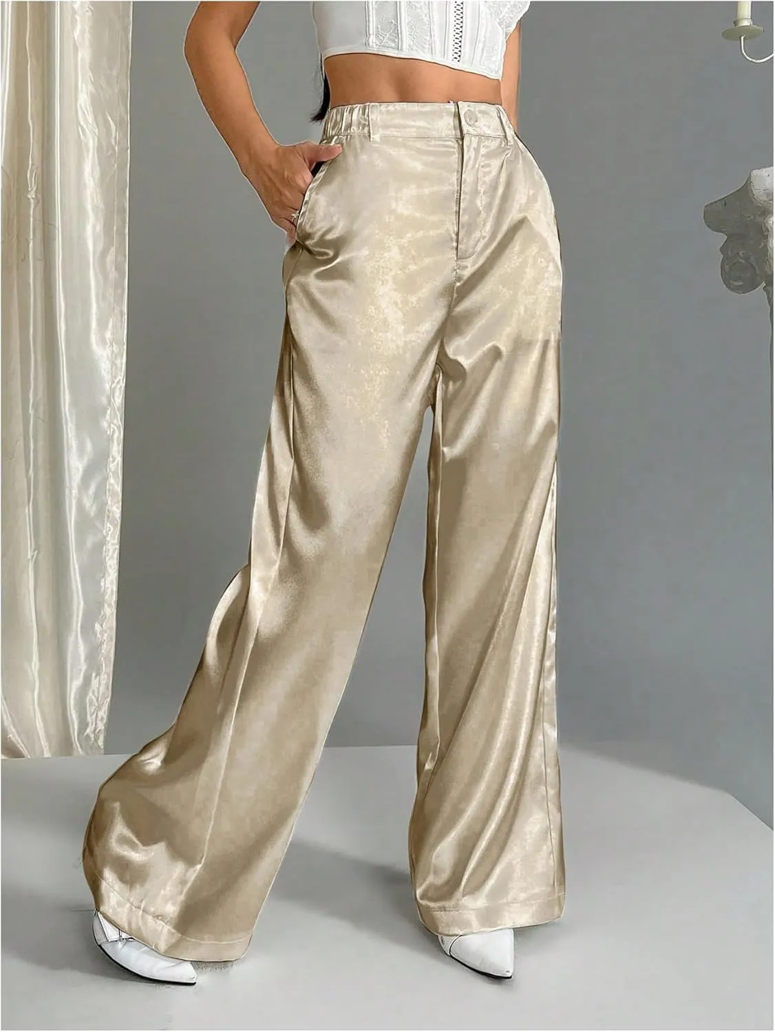 Floerns Women's Satin Elastic High Waist Trouser Straight Leg Baggy Pants with Pockets