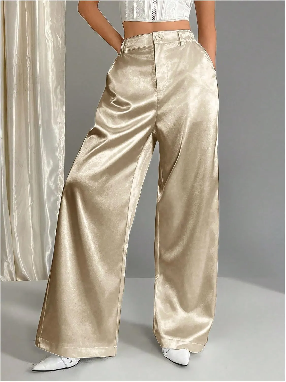 Floerns Women's Satin Elastic High Waist Trouser Straight Leg Baggy Pants with Pockets