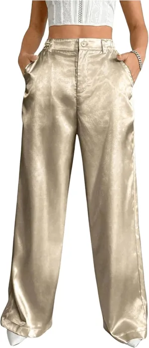 Floerns Women's Satin Elastic High Waist Trouser Straight Leg Baggy Pants with Pockets