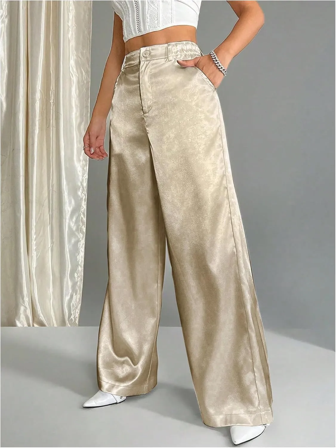 Floerns Women's Satin Elastic High Waist Trouser Straight Leg Baggy Pants with Pockets