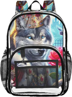 Floral Wolf King Funny Clear Backpack Women Cute Kids Girls Backpack Boys See through Approved Bag