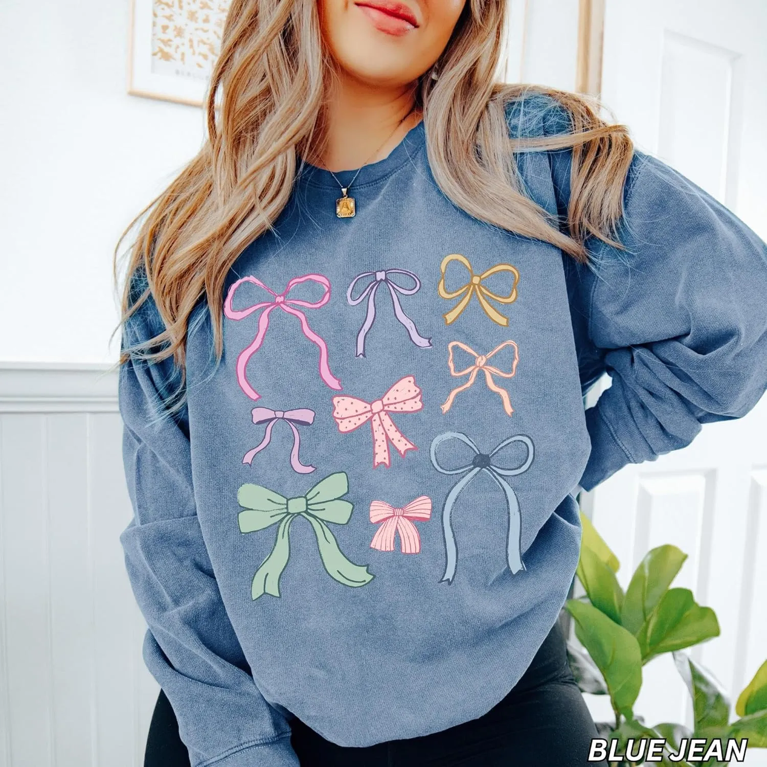 FOMOYUU Women's Bow Trim Print Hoodies Sweatshirts Oversized Long Sleeve Hooded Y2k Graphic Drop Shoulder Pullover Top