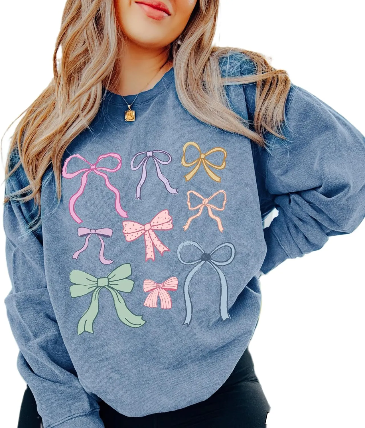 FOMOYUU Women's Bow Trim Print Hoodies Sweatshirts Oversized Long Sleeve Hooded Y2k Graphic Drop Shoulder Pullover Top