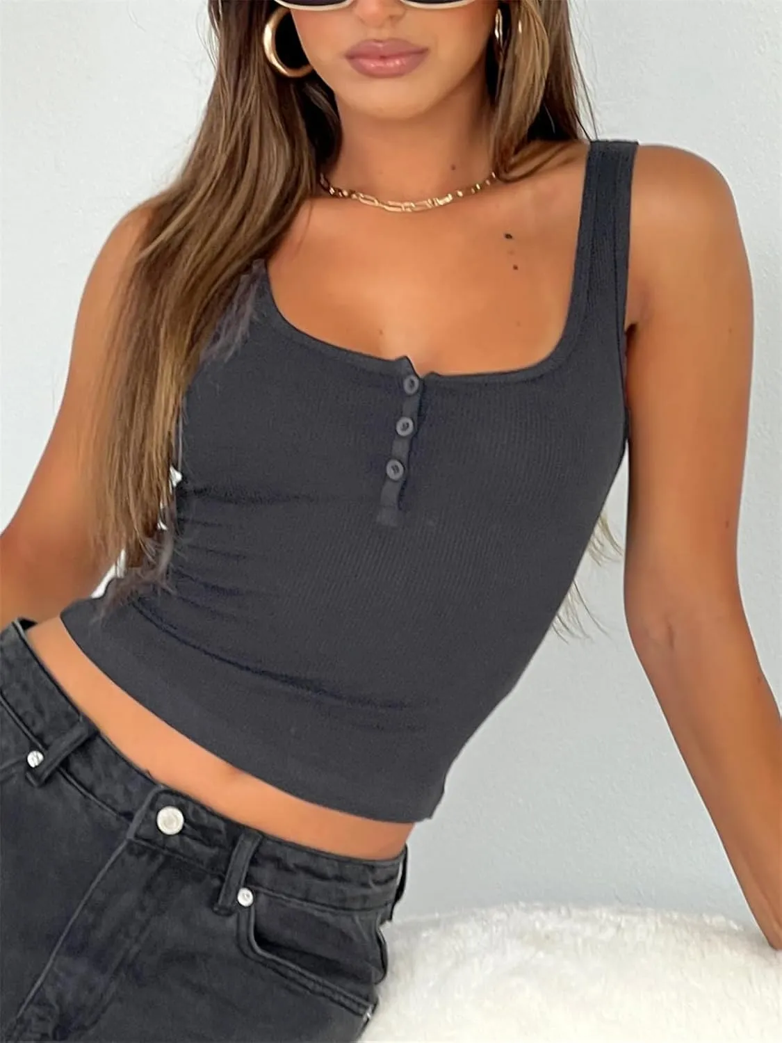 ForeFair Women Ribbed Tank Top Square Neck Sleeveless Basic Fitted Crop Tops Y2K Buttons Henley Vest