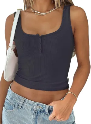 ForeFair Women Ribbed Tank Top Square Neck Sleeveless Basic Fitted Crop Tops Y2K Buttons Henley Vest