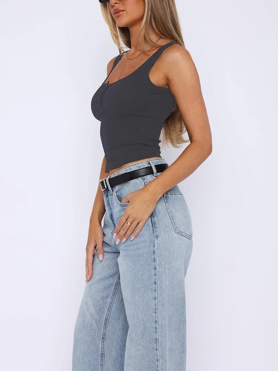 ForeFair Women Ribbed Tank Top Square Neck Sleeveless Basic Fitted Crop Tops Y2K Buttons Henley Vest