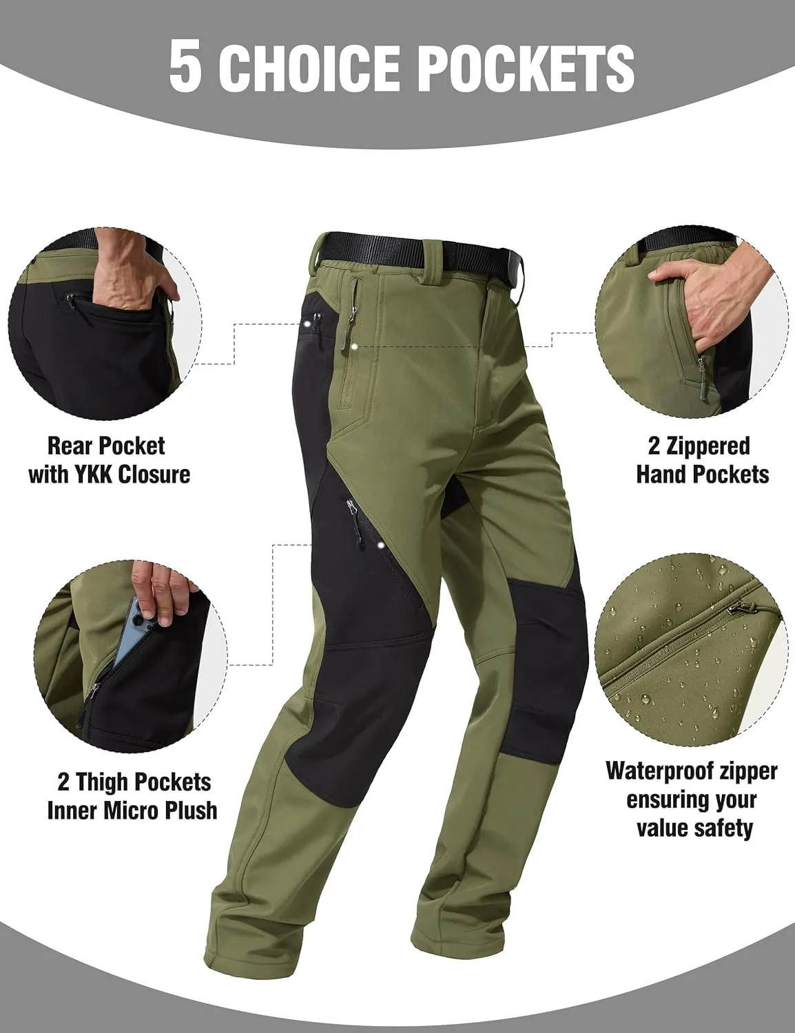FREE SOLDIER Men's Fleece Lined Outdoor Cargo Hiking Pants Water Repellent Softshell Snow Ski Pants with Zipper Pockets