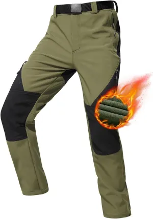 FREE SOLDIER Men's Fleece Lined Outdoor Cargo Hiking Pants Water Repellent Softshell Snow Ski Pants with Zipper Pockets