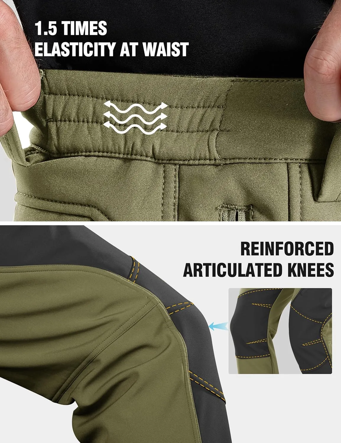 FREE SOLDIER Men's Fleece Lined Outdoor Cargo Hiking Pants Water Repellent Softshell Snow Ski Pants with Zipper Pockets