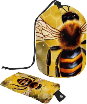 Garden Golden Bee Travel Cosmetic Bags Makeup Bag for Women, Foldable Drawstring Travel Cosmetic Bags, Portable Toiletry Bucket Bag