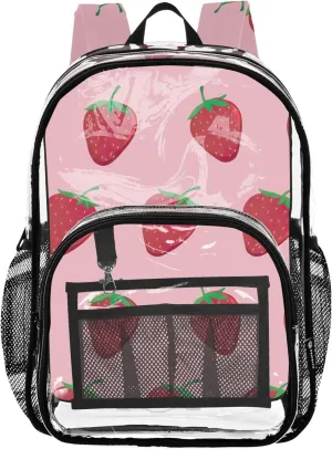 Girls Backpack for Kids Cute Pink Strawberry Travel Clear Backpack Floral Pvc School Plastic Bookbag