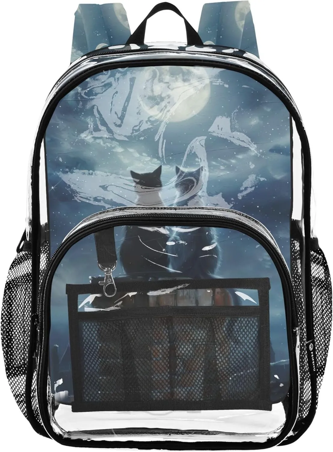 Girls Backpack for Kids Painting Cats Moon Night Travel Clear Backpack Floral Plastic See through Bookbag