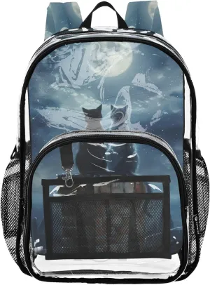 Girls Backpack for Kids Painting Cats Moon Night Travel Clear Backpack Floral Plastic See through Bookbag