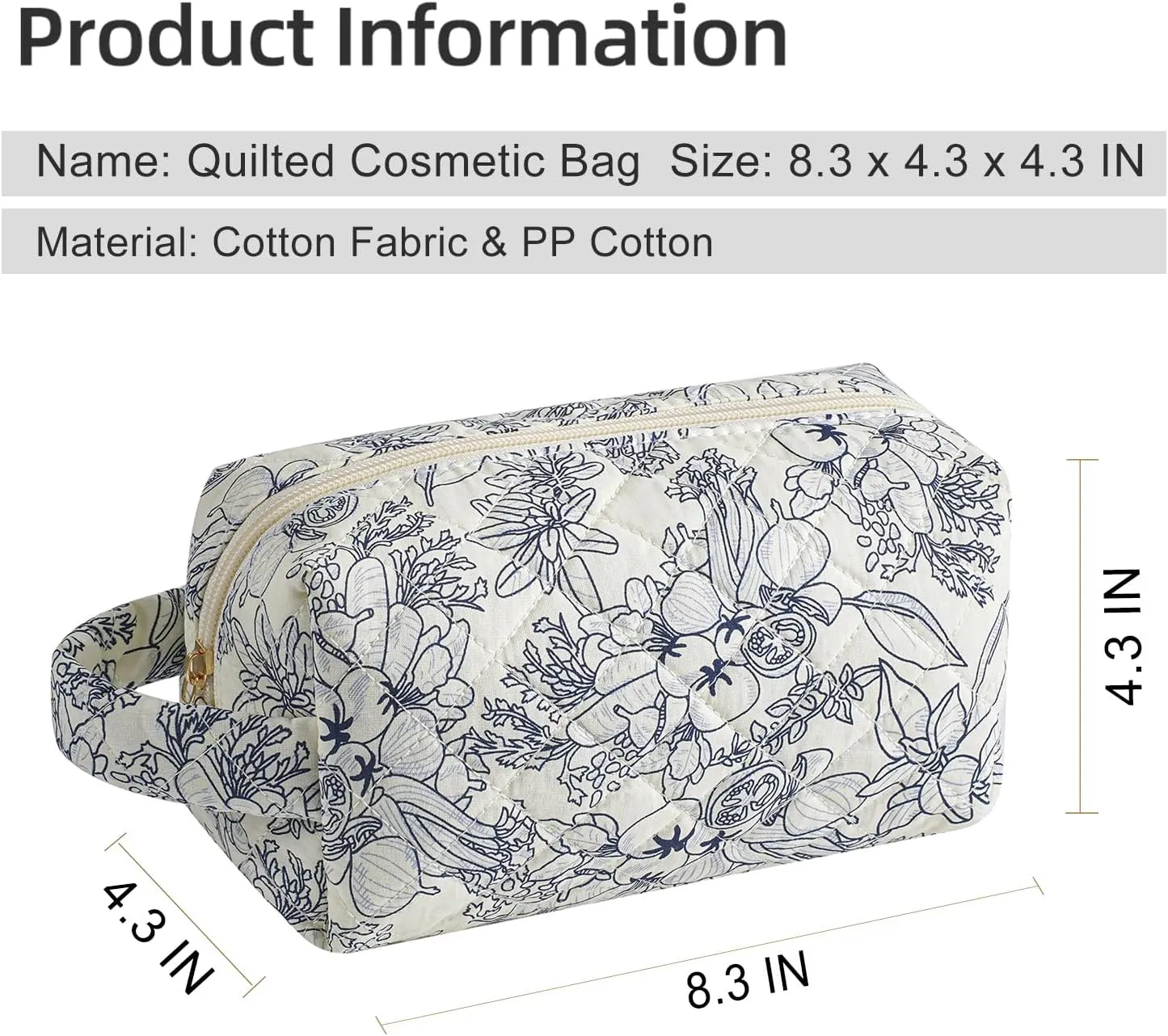 Gleyemor Cute Small Quilted Makeup Bag for Women, Floral Cotton Cosmetic Bag, Toiletry Pouch Travel Essentials Christmas Gifts (Navy Flowers)