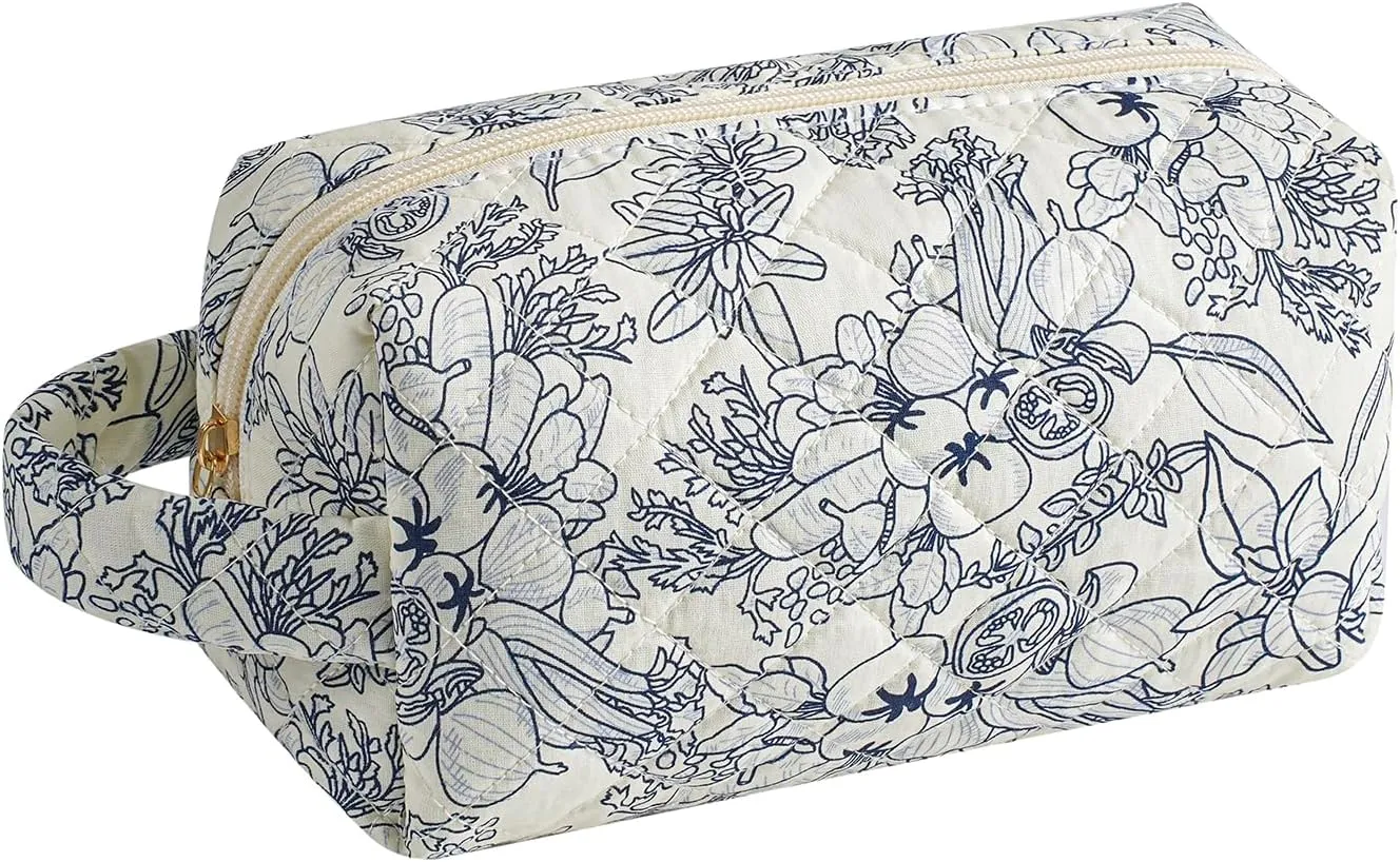 Gleyemor Cute Small Quilted Makeup Bag for Women, Floral Cotton Cosmetic Bag, Toiletry Pouch Travel Essentials Christmas Gifts (Navy Flowers)