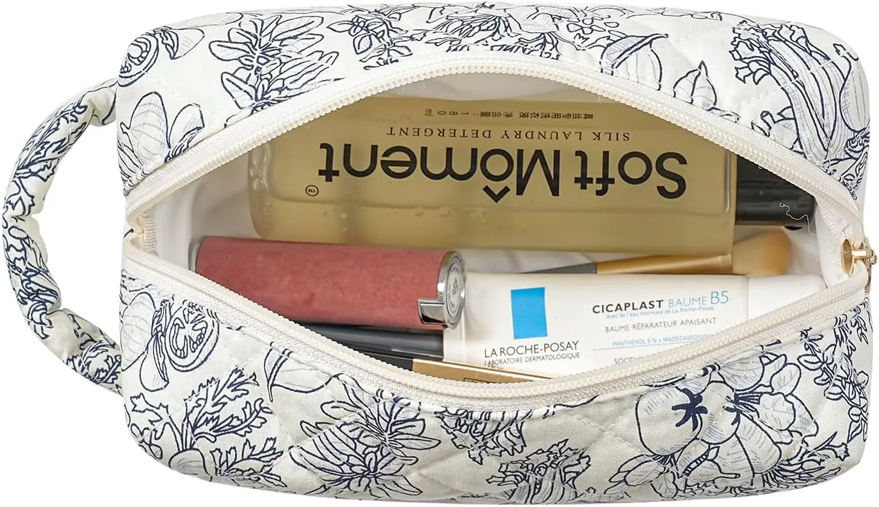 Gleyemor Cute Small Quilted Makeup Bag for Women, Floral Cotton Cosmetic Bag, Toiletry Pouch Travel Essentials Christmas Gifts (Navy Flowers)