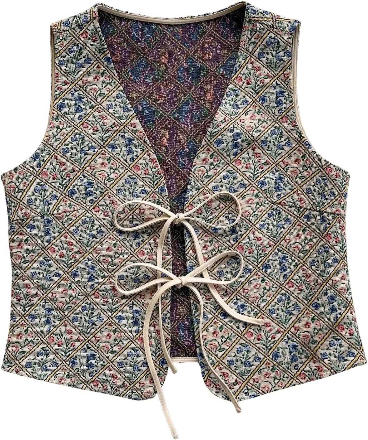 GORGLITTER Women's Floral Embroidered Vest Tops Boho Vintage Sleeveless Tie Front Cardigan Waistcoat
