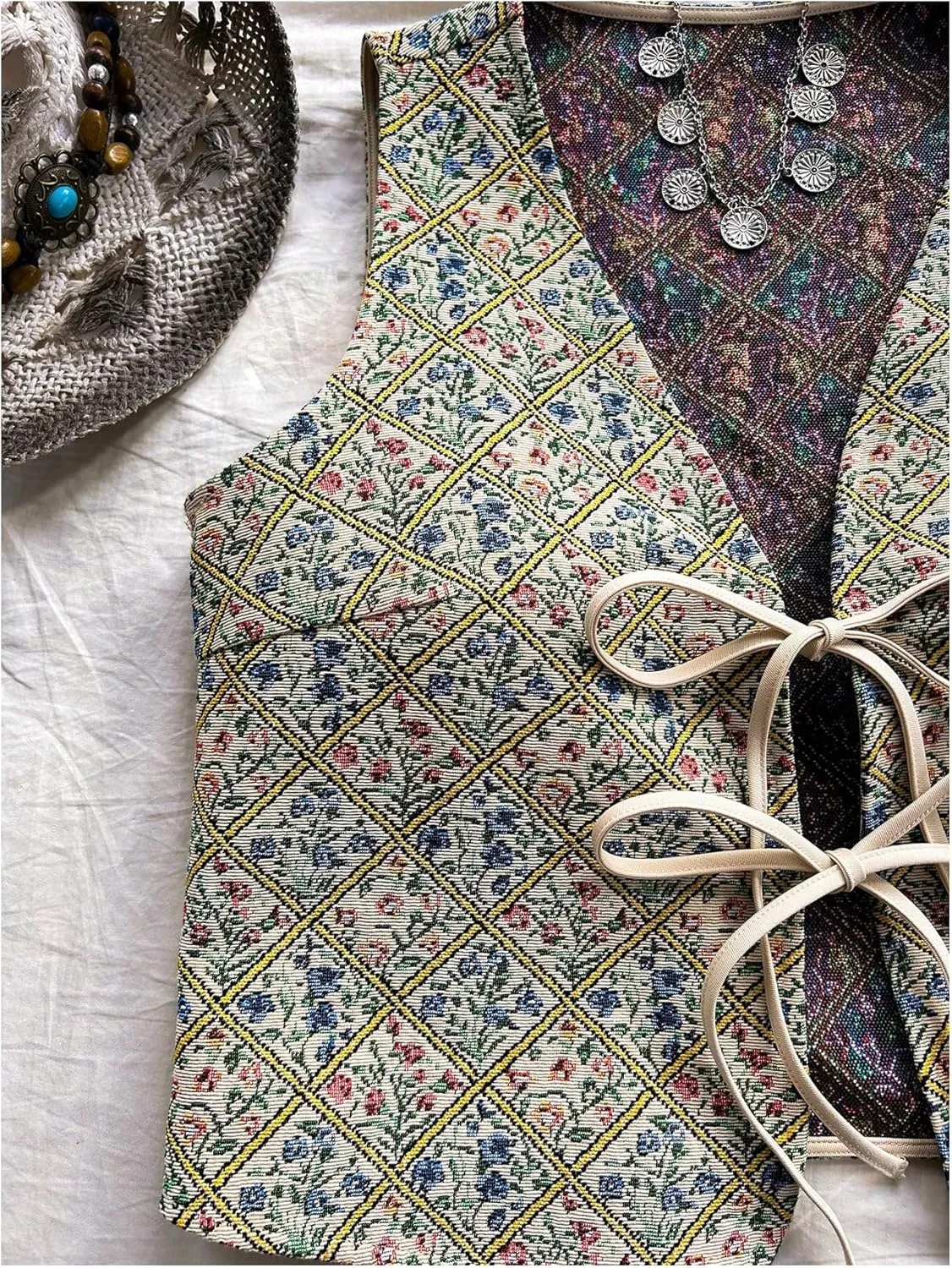 GORGLITTER Women's Floral Embroidered Vest Tops Boho Vintage Sleeveless Tie Front Cardigan Waistcoat