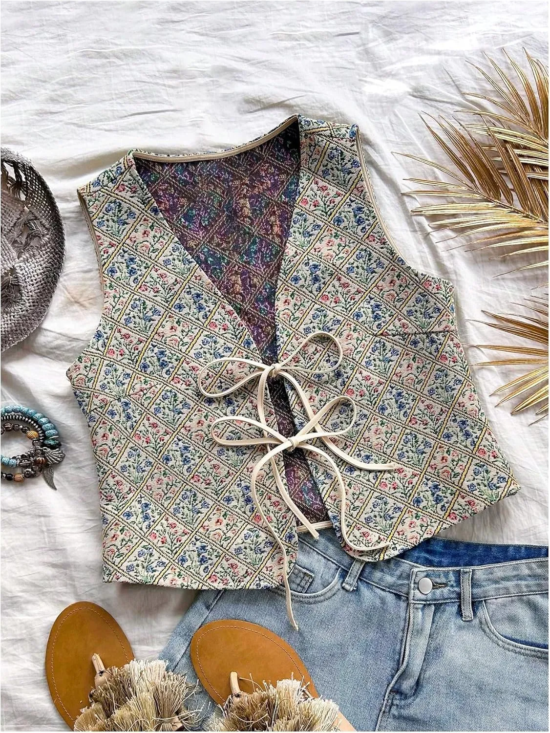 GORGLITTER Women's Floral Embroidered Vest Tops Boho Vintage Sleeveless Tie Front Cardigan Waistcoat