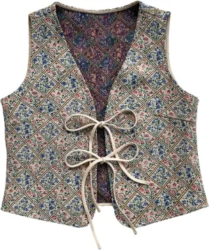 GORGLITTER Women's Floral Embroidered Vest Tops Boho Vintage Sleeveless Tie Front Cardigan Waistcoat