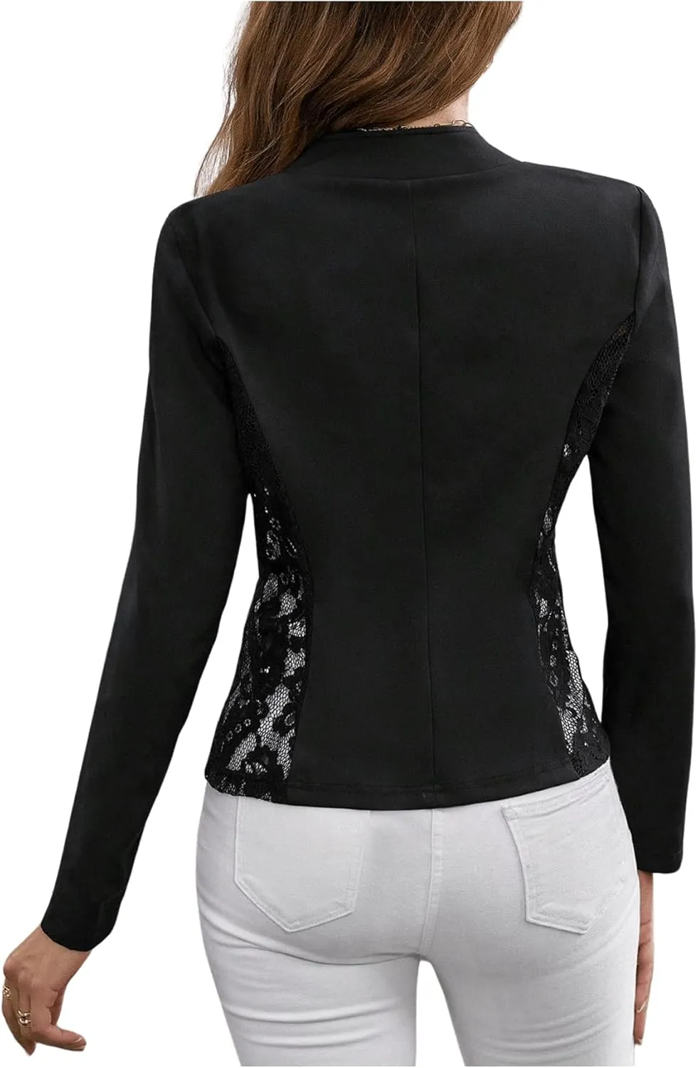 GORGLITTER Women's Sheer Lace Jacket Blazer Long Sleeve Open Front Button Casual Business Bolero Jacket