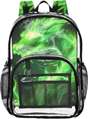 Green Fire Dragon Clear Bag for Women Travel Girls Backpack Kids Boys Plastic See through Bookbag