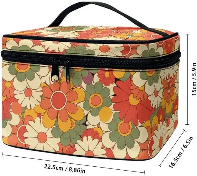 Groovy Flower Zipper Storage Bag Makeup Bag, Hippie Floral Girls Portable Sunscreen Cosmetic Skincare Travel Bags, Colorful