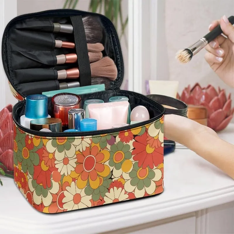 Groovy Flower Zipper Storage Bag Makeup Bag, Hippie Floral Girls Portable Sunscreen Cosmetic Skincare Travel Bags, Colorful