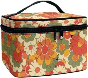 Groovy Flower Zipper Storage Bag Makeup Bag, Hippie Floral Girls Portable Sunscreen Cosmetic Skincare Travel Bags, Colorful