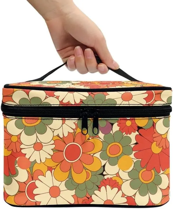 Groovy Flower Zipper Storage Bag Makeup Bag, Hippie Floral Girls Portable Sunscreen Cosmetic Skincare Travel Bags, Colorful