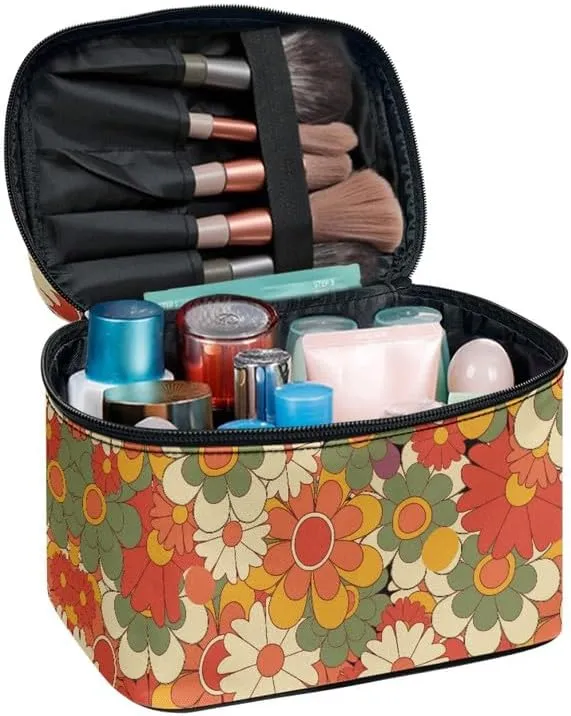 Groovy Flower Zipper Storage Bag Makeup Bag, Hippie Floral Girls Portable Sunscreen Cosmetic Skincare Travel Bags, Colorful