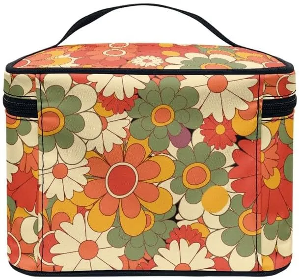 Groovy Flower Zipper Storage Bag Makeup Bag, Hippie Floral Girls Portable Sunscreen Cosmetic Skincare Travel Bags, Colorful
