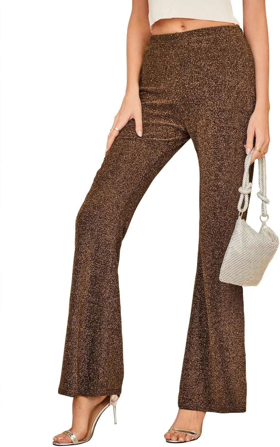 GUOLEZEEV Bell Bottom Pants for Women Elastic Waist Sequin Pants Sparkly Bottoms