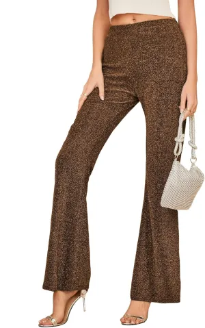 GUOLEZEEV Bell Bottom Pants for Women Elastic Waist Sequin Pants Sparkly Bottoms