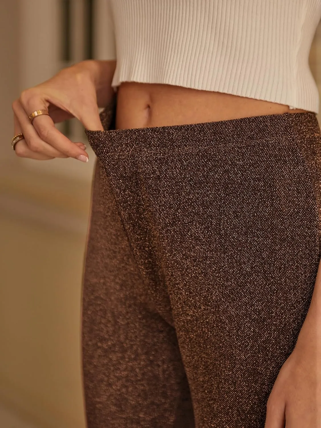 GUOLEZEEV Bell Bottom Pants for Women Elastic Waist Sequin Pants Sparkly Bottoms