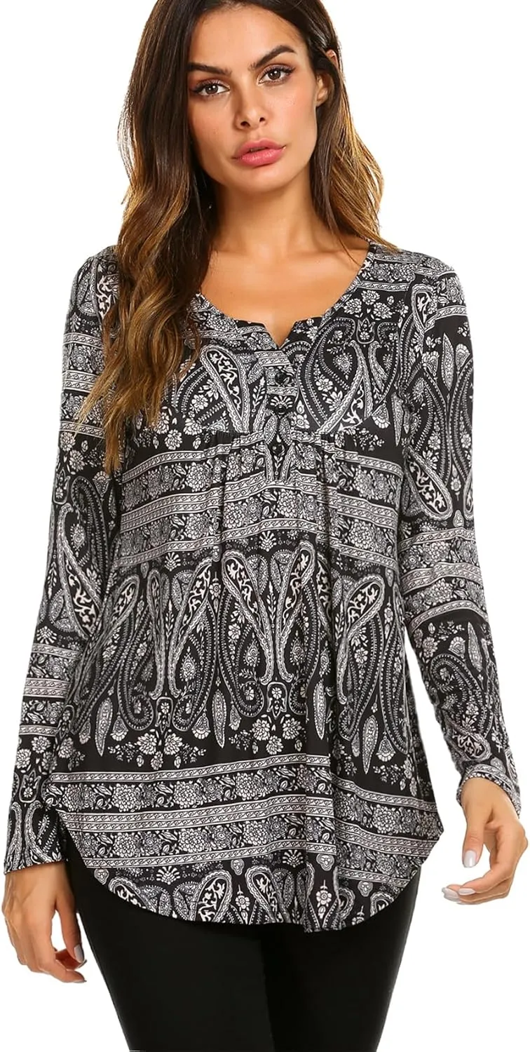 Halife Women's Floral Printed Long Sleeve Henley Shirts V Neck Pleated Casual Flare Tunic Blouse Tops