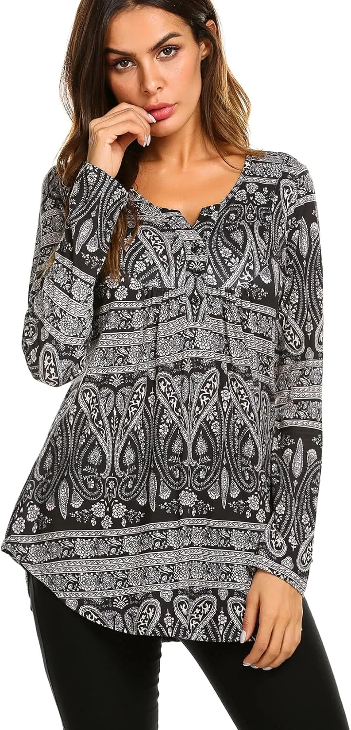 Halife Women's Floral Printed Long Sleeve Henley Shirts V Neck Pleated Casual Flare Tunic Blouse Tops