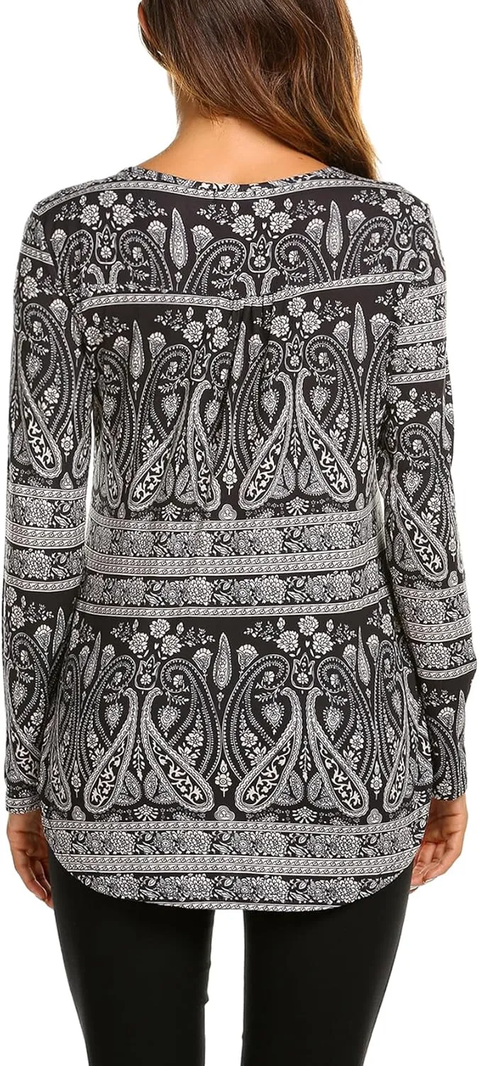 Halife Women's Floral Printed Long Sleeve Henley Shirts V Neck Pleated Casual Flare Tunic Blouse Tops