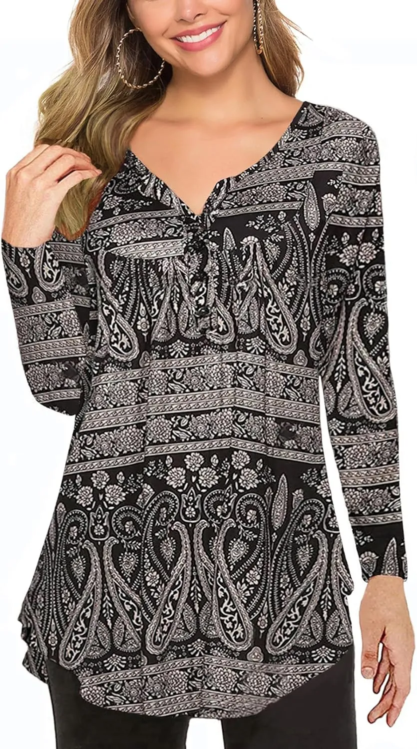 Halife Women's Floral Printed Long Sleeve Henley Shirts V Neck Pleated Casual Flare Tunic Blouse Tops