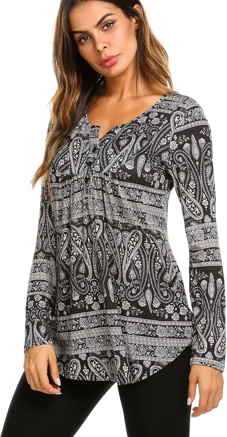 Halife Women's Floral Printed Long Sleeve Henley Shirts V Neck Pleated Casual Flare Tunic Blouse Tops