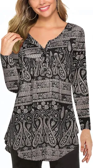 Halife Women's Floral Printed Long Sleeve Henley Shirts V Neck Pleated Casual Flare Tunic Blouse Tops