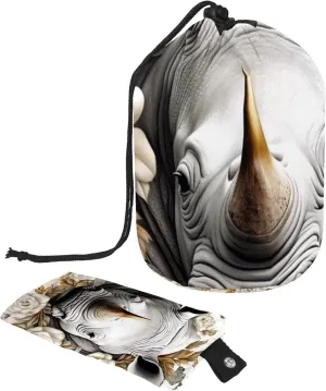 Hand Drawn Animal Rhino 21 Travel Cosmetic Bags Makeup Bag for Women, Foldable Drawstring Travel Cosmetic Bags, Portable Toiletry Bucket Bag