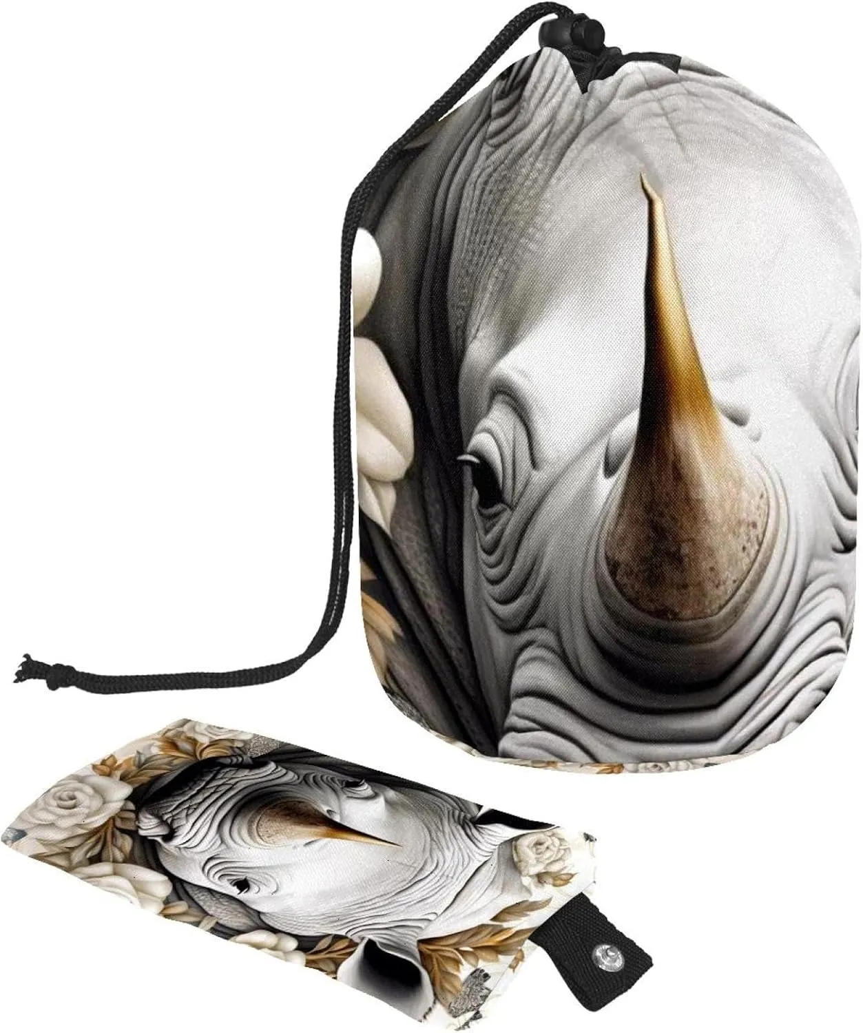 Hand Drawn Animal Rhino 21 Travel Cosmetic Bags Makeup Bag for Women, Foldable Drawstring Travel Cosmetic Bags, Portable Toiletry Bucket Bag