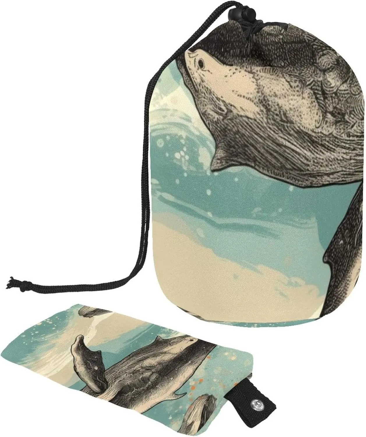 Hand-painted Ocean Whales Travel Cosmetic Bags Makeup Bag for Women, Foldable Drawstring Travel Cosmetic Bags, Portable Toiletry Bucket Bag