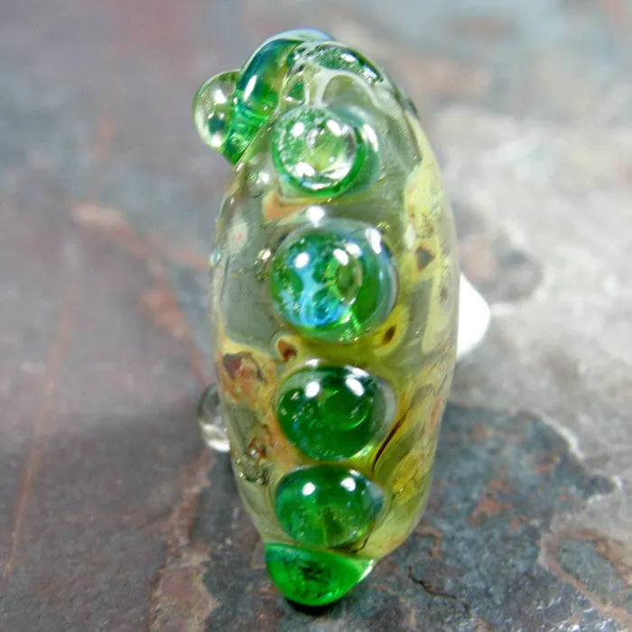 Handmade Lampwork Glass Focal Bead, XL Lentil Clear Raku Green Shiny